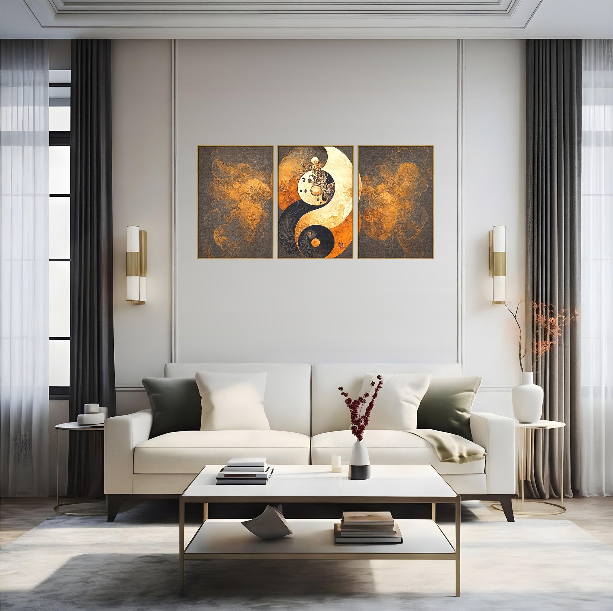 Set 3 Tablouri Canvas Premium LuxCanva® PI3-1181, Yin Si Yang, Abstract, Cercuri, Arta, Echilibru, Meditatie, Living, Birou, Culori Vibrante