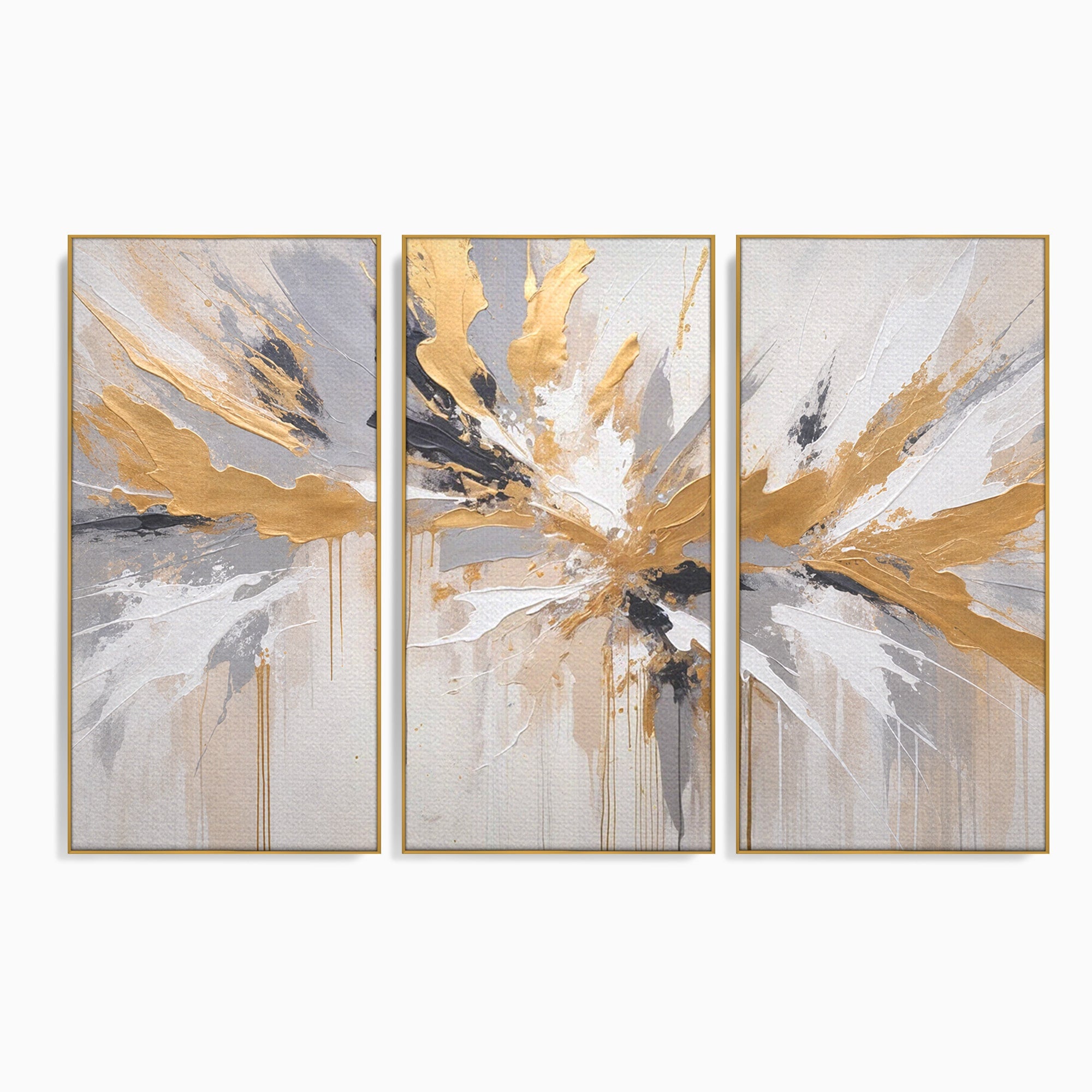 Set 3 Tablouri Canvas Premium LuxCanva® PI3-1378, Explozie Aurie Abstracta, Gri, Modern, Auriu, Culori Vibrante, Living, Dormitor, Salon