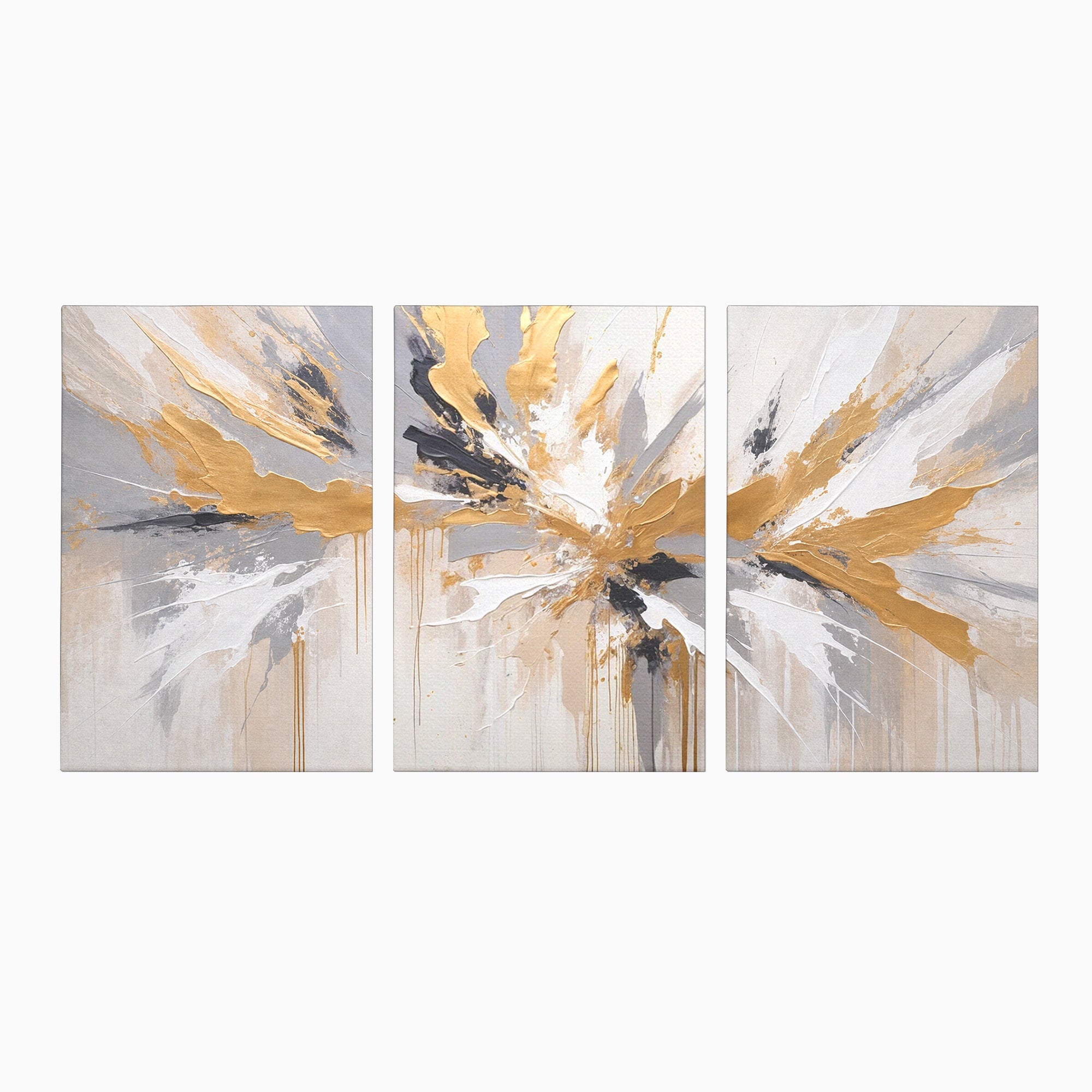 Set 3 Tablouri Canvas Premium LuxCanva® PI3-1378, Explozie Aurie Abstracta, Gri, Modern, Auriu, Culori Vibrante, Living, Dormitor, Salon