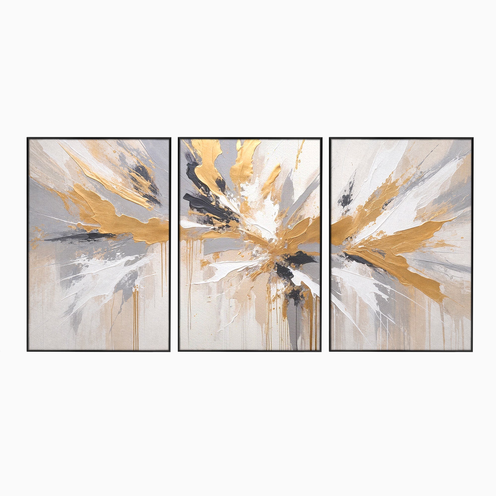 Set 3 Tablouri Canvas Premium LuxCanva® PI3-1378, Explozie Aurie Abstracta, Gri, Modern, Auriu, Culori Vibrante, Living, Dormitor, Salon