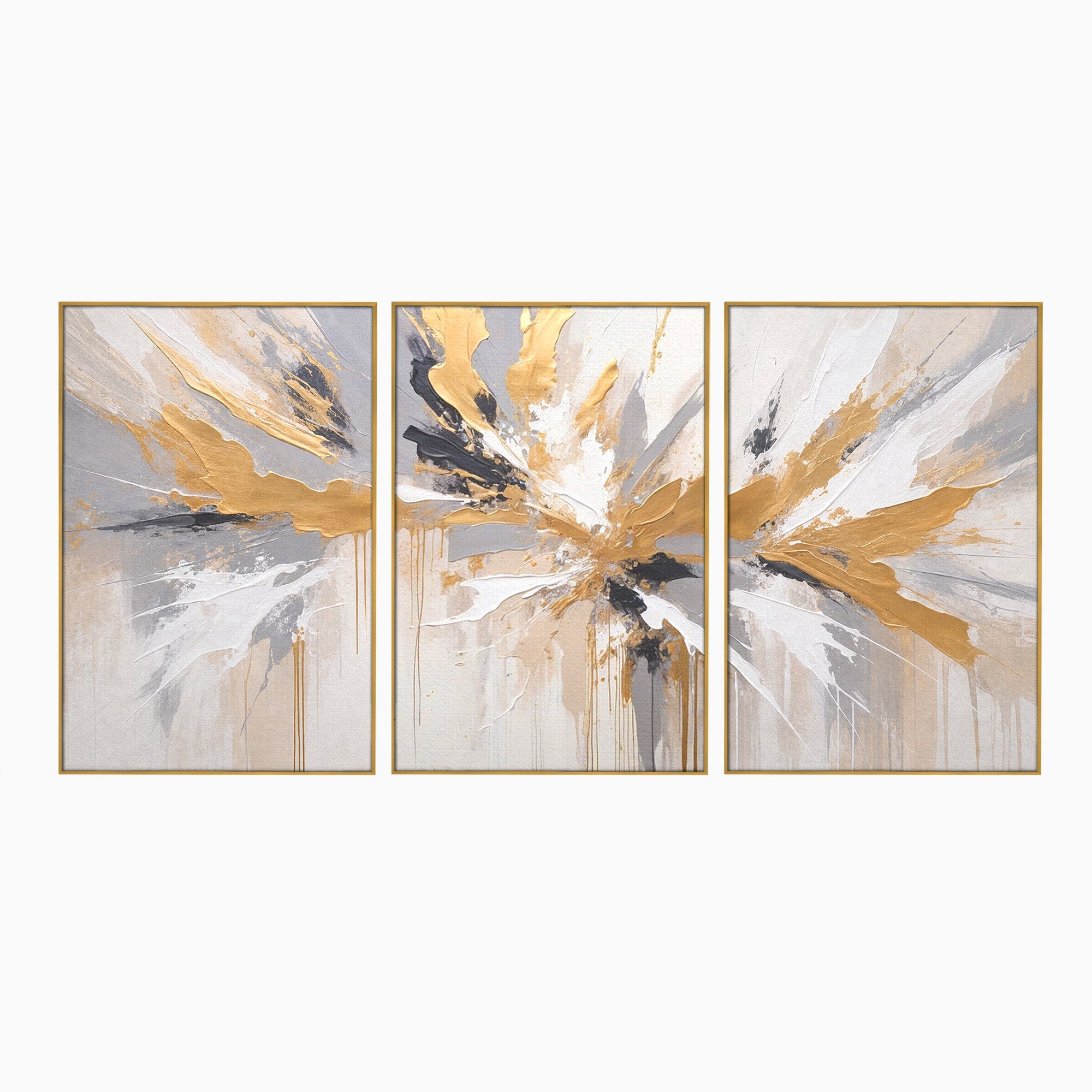 Set 3 Tablouri Canvas Premium LuxCanva® PI3-1378, Explozie Aurie Abstracta, Gri, Modern, Auriu, Culori Vibrante, Living, Dormitor, Salon