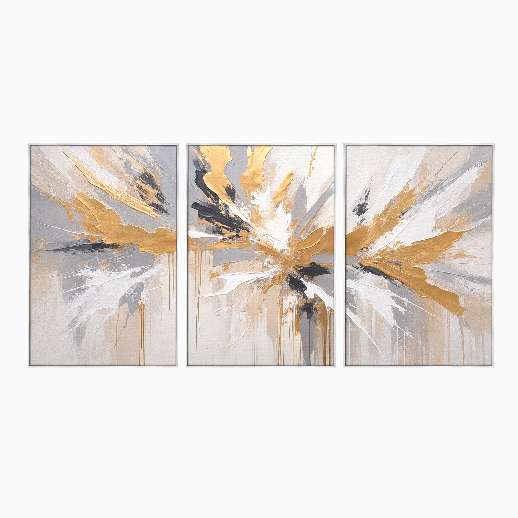 Set 3 Tablouri Canvas Premium LuxCanva® PI3-1378, Explozie Aurie Abstracta, Gri, Modern, Auriu, Culori Vibrante, Living, Dormitor, Salon