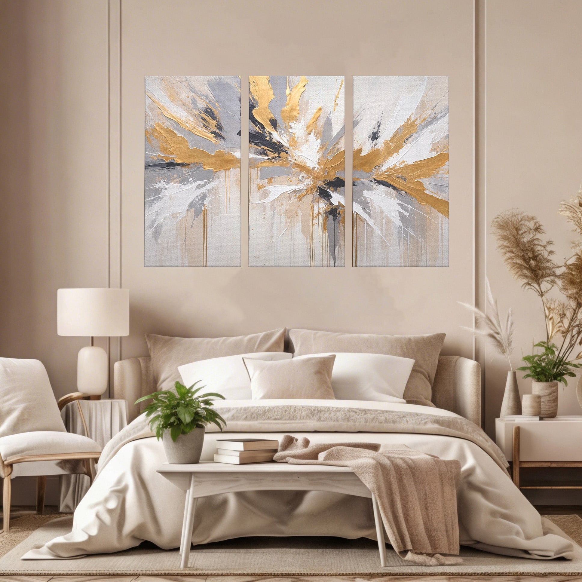 Set 3 Tablouri Canvas Premium LuxCanva® PI3-1378, Explozie Aurie Abstracta, Gri, Modern, Auriu, Culori Vibrante, Living, Dormitor, Salon