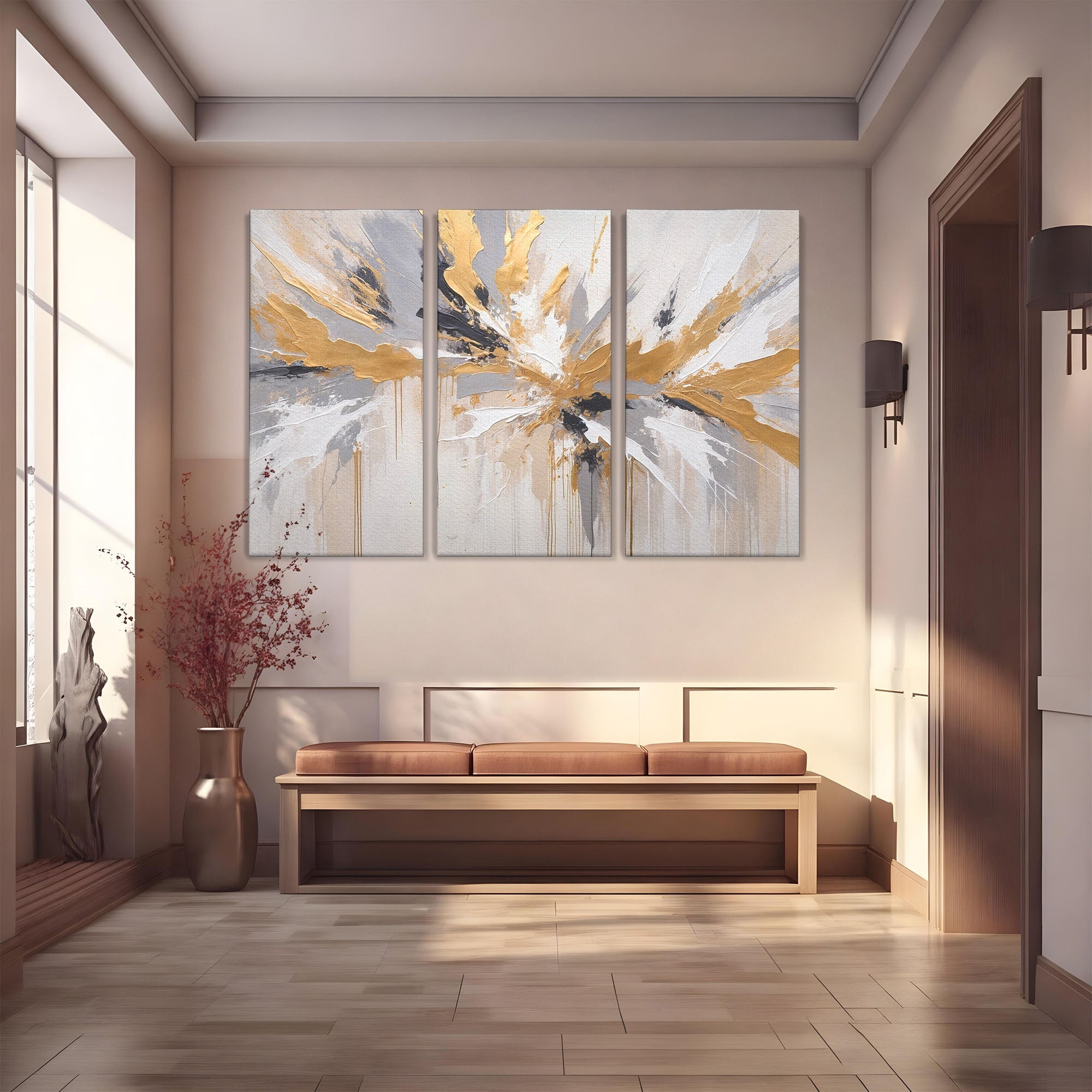 Set 3 Tablouri Canvas Premium LuxCanva® PI3-1378, Explozie Aurie Abstracta, Gri, Modern, Auriu, Culori Vibrante, Living, Dormitor, Salon