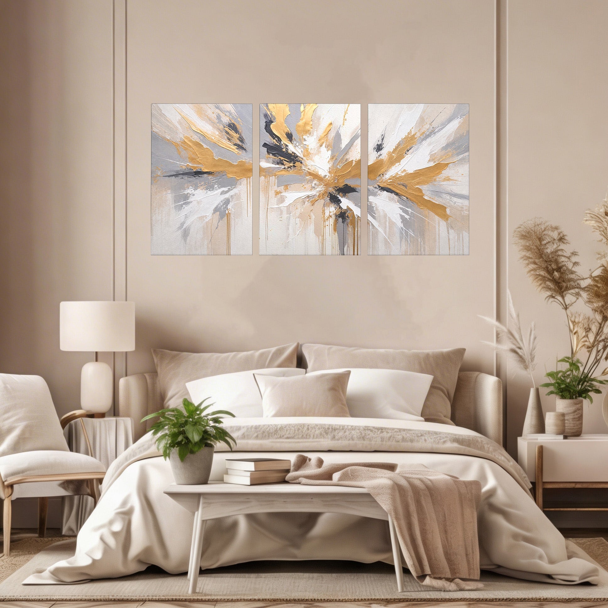 Set 3 Tablouri Canvas Premium LuxCanva® PI3-1378, Explozie Aurie Abstracta, Gri, Modern, Auriu, Culori Vibrante, Living, Dormitor, Salon