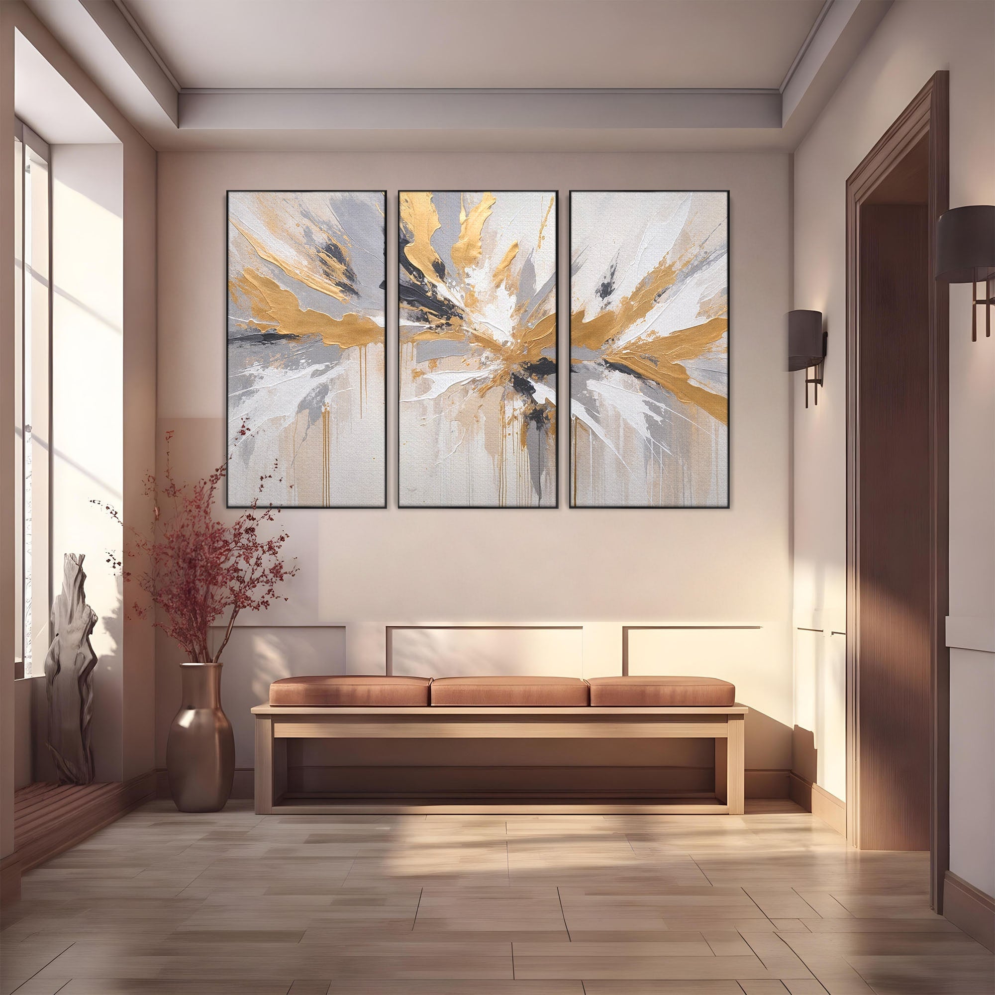 Set 3 Tablouri Canvas Premium LuxCanva® PI3-1378, Explozie Aurie Abstracta, Gri, Modern, Auriu, Culori Vibrante, Living, Dormitor, Salon
