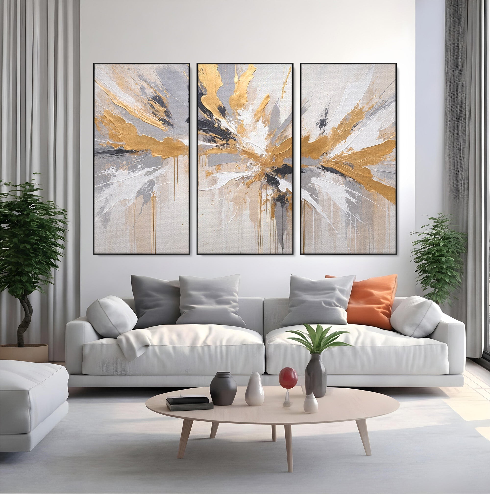 Set 3 Tablouri Canvas Premium LuxCanva® PI3-1378, Explozie Aurie Abstracta, Gri, Modern, Auriu, Culori Vibrante, Living, Dormitor, Salon