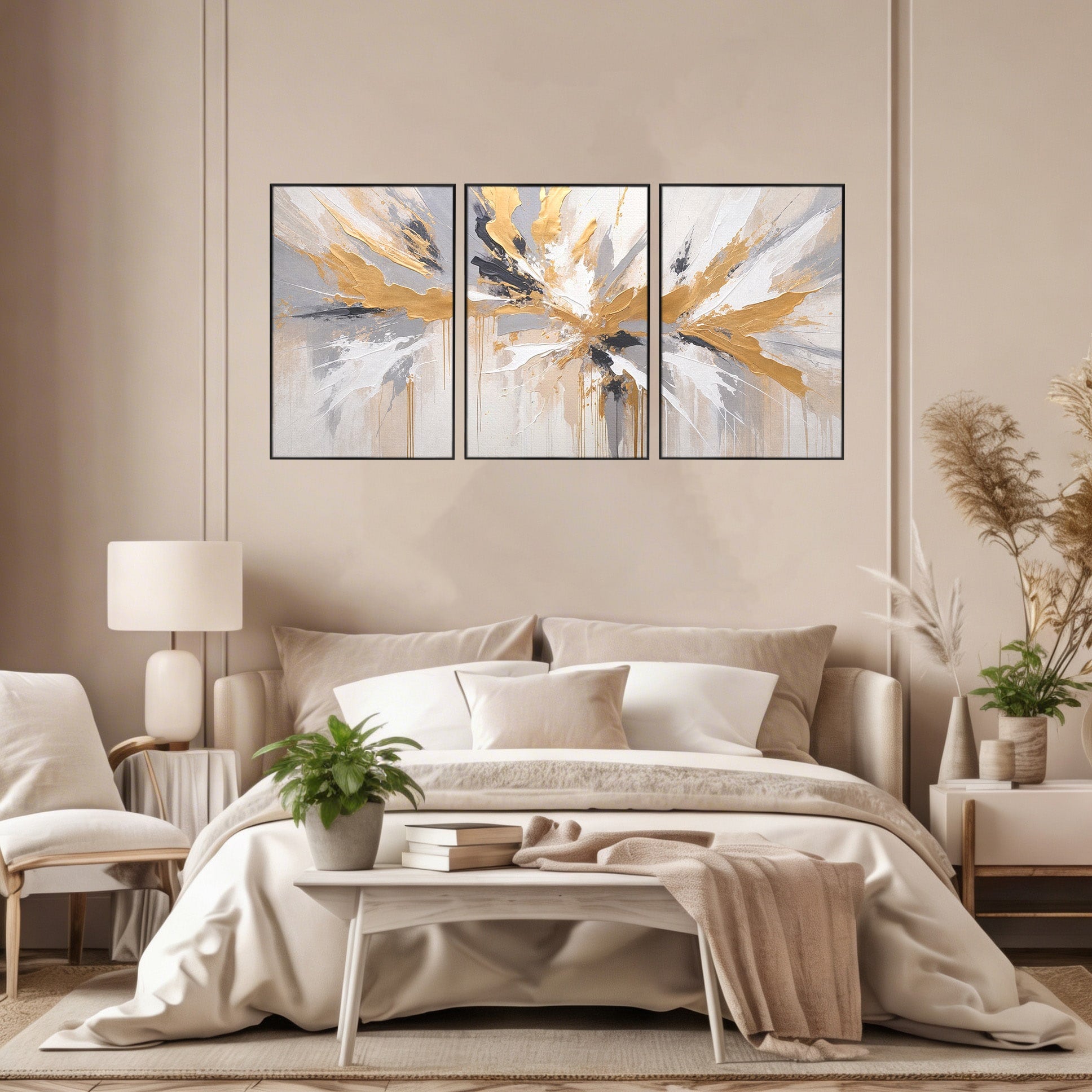 Set 3 Tablouri Canvas Premium LuxCanva® PI3-1378, Explozie Aurie Abstracta, Gri, Modern, Auriu, Culori Vibrante, Living, Dormitor, Salon