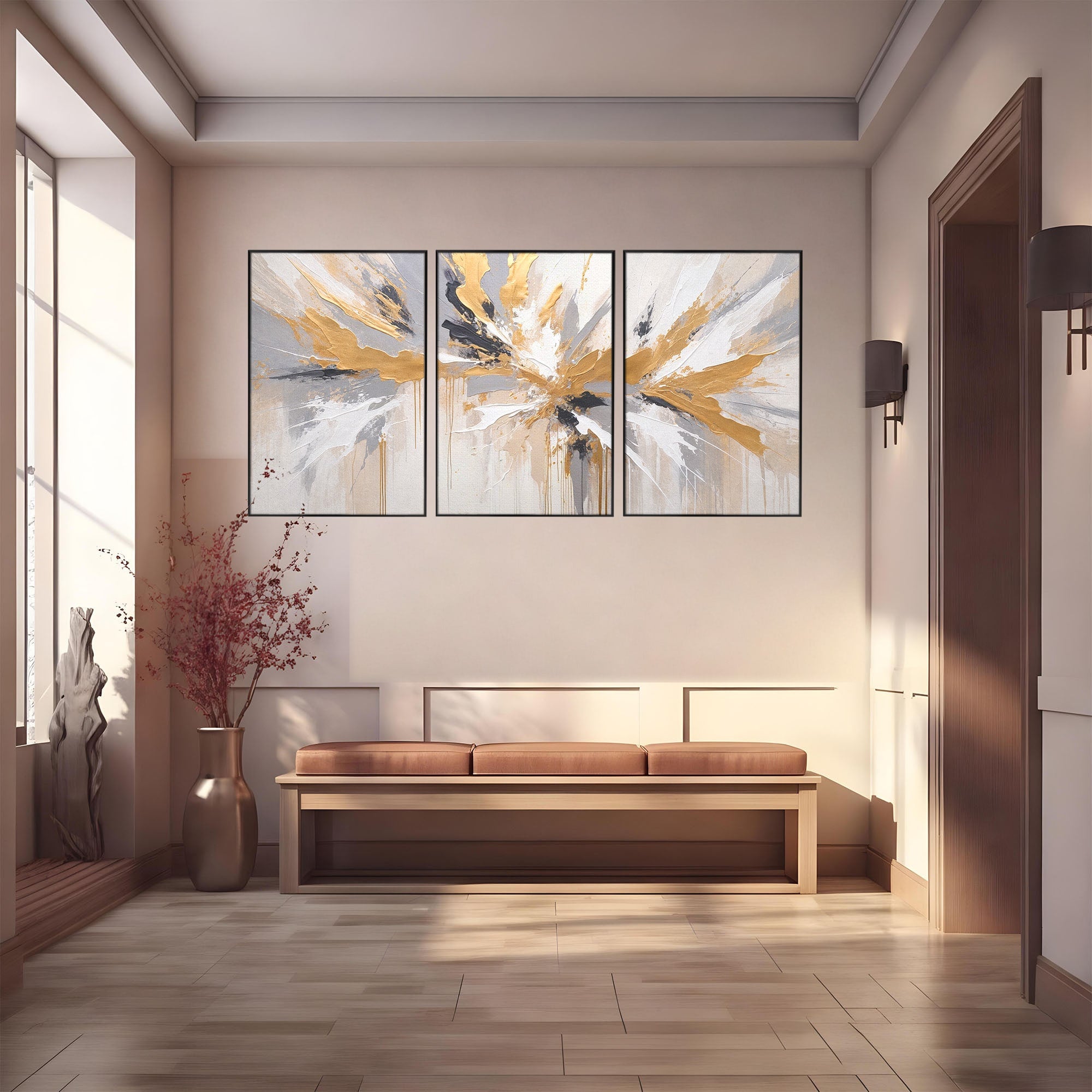 Set 3 Tablouri Canvas Premium LuxCanva® PI3-1378, Explozie Aurie Abstracta, Gri, Modern, Auriu, Culori Vibrante, Living, Dormitor, Salon