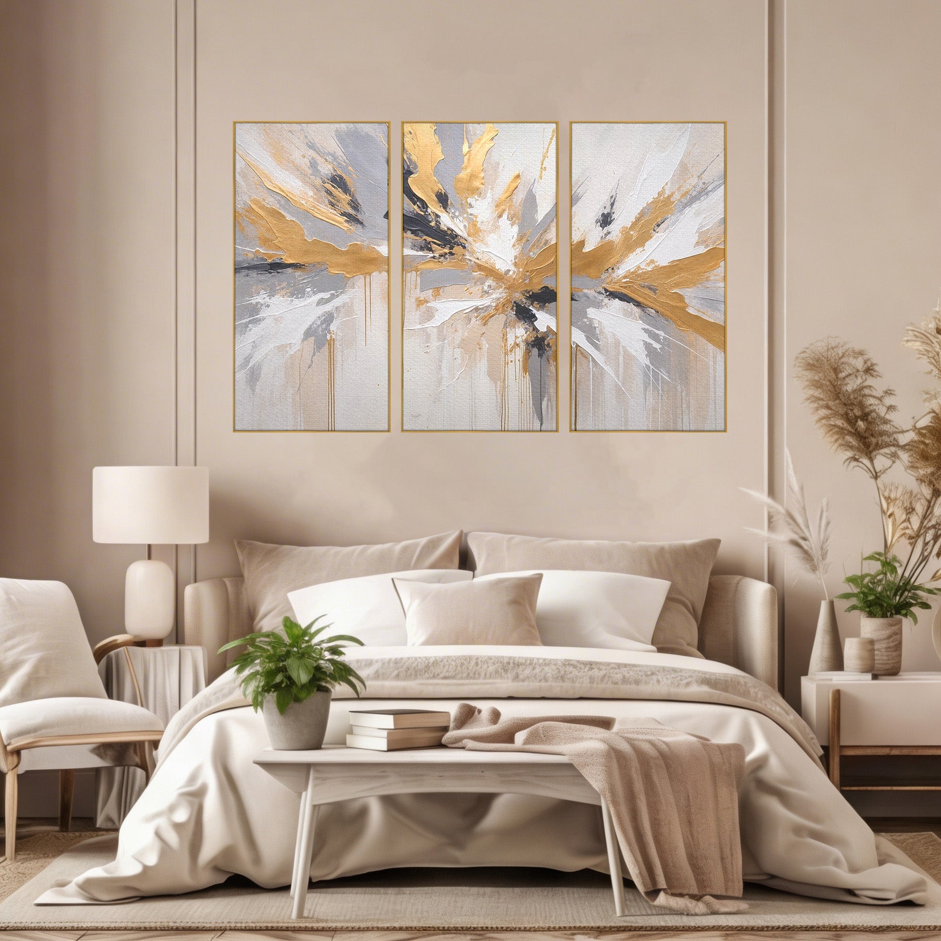 Set 3 Tablouri Canvas Premium LuxCanva® PI3-1378, Explozie Aurie Abstracta, Gri, Modern, Auriu, Culori Vibrante, Living, Dormitor, Salon