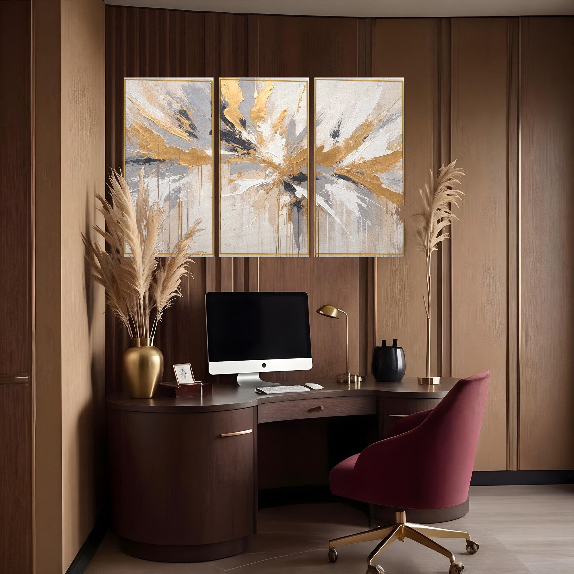 Set 3 Tablouri Canvas Premium LuxCanva® PI3-1378, Explozie Aurie Abstracta, Gri, Modern, Auriu, Culori Vibrante, Living, Dormitor, Salon