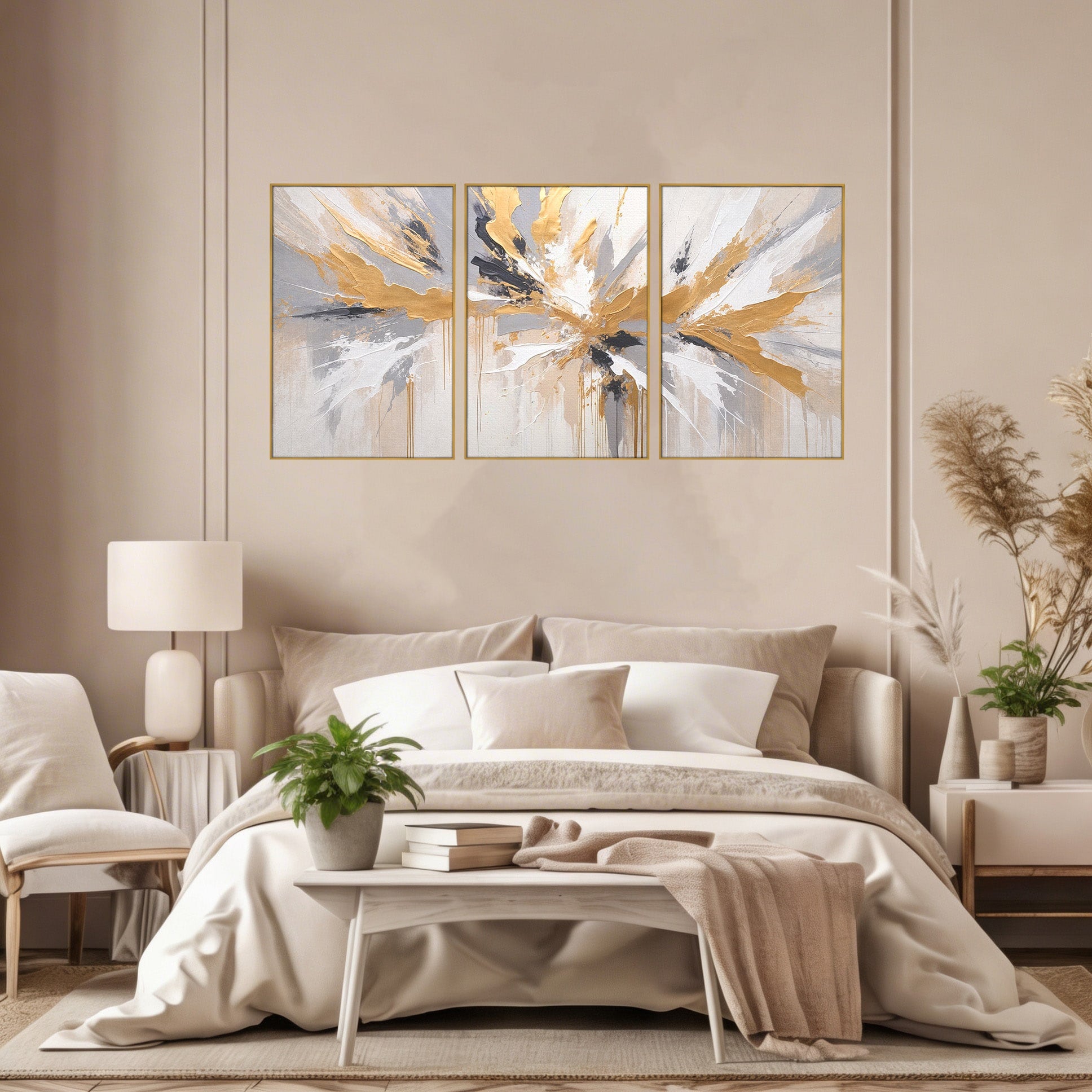 Set 3 Tablouri Canvas Premium LuxCanva® PI3-1378, Explozie Aurie Abstracta, Gri, Modern, Auriu, Culori Vibrante, Living, Dormitor, Salon