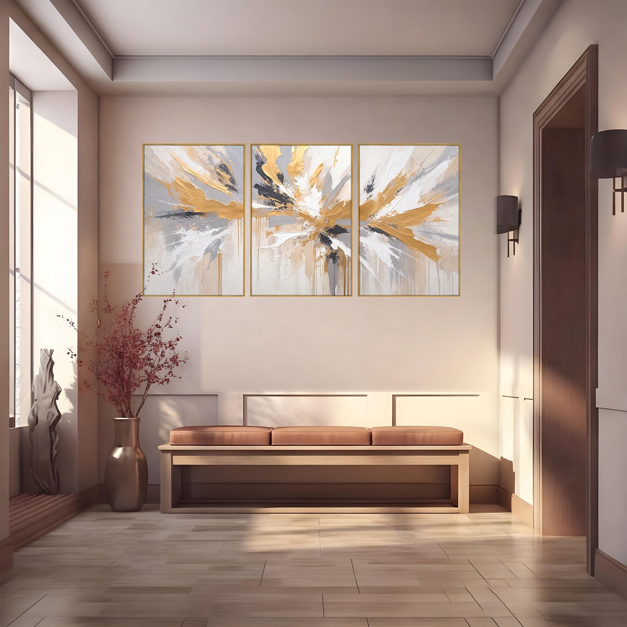 Set 3 Tablouri Canvas Premium LuxCanva® PI3-1378, Explozie Aurie Abstracta, Gri, Modern, Auriu, Culori Vibrante, Living, Dormitor, Salon