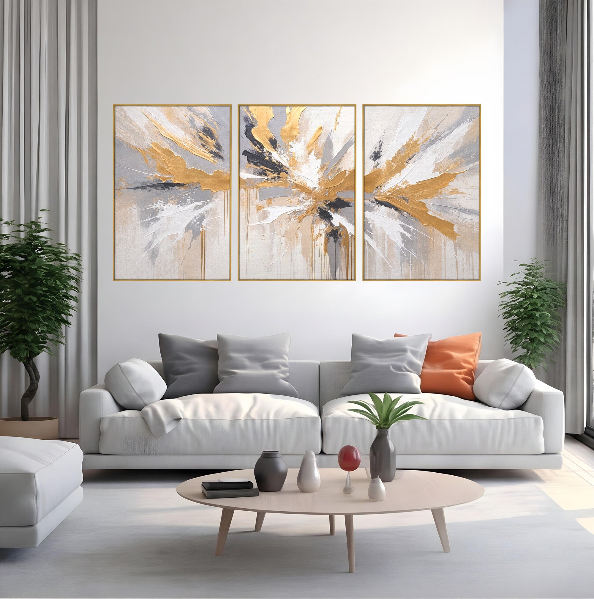 Set 3 Tablouri Canvas Premium LuxCanva® PI3-1378, Explozie Aurie Abstracta, Gri, Modern, Auriu, Culori Vibrante, Living, Dormitor, Salon