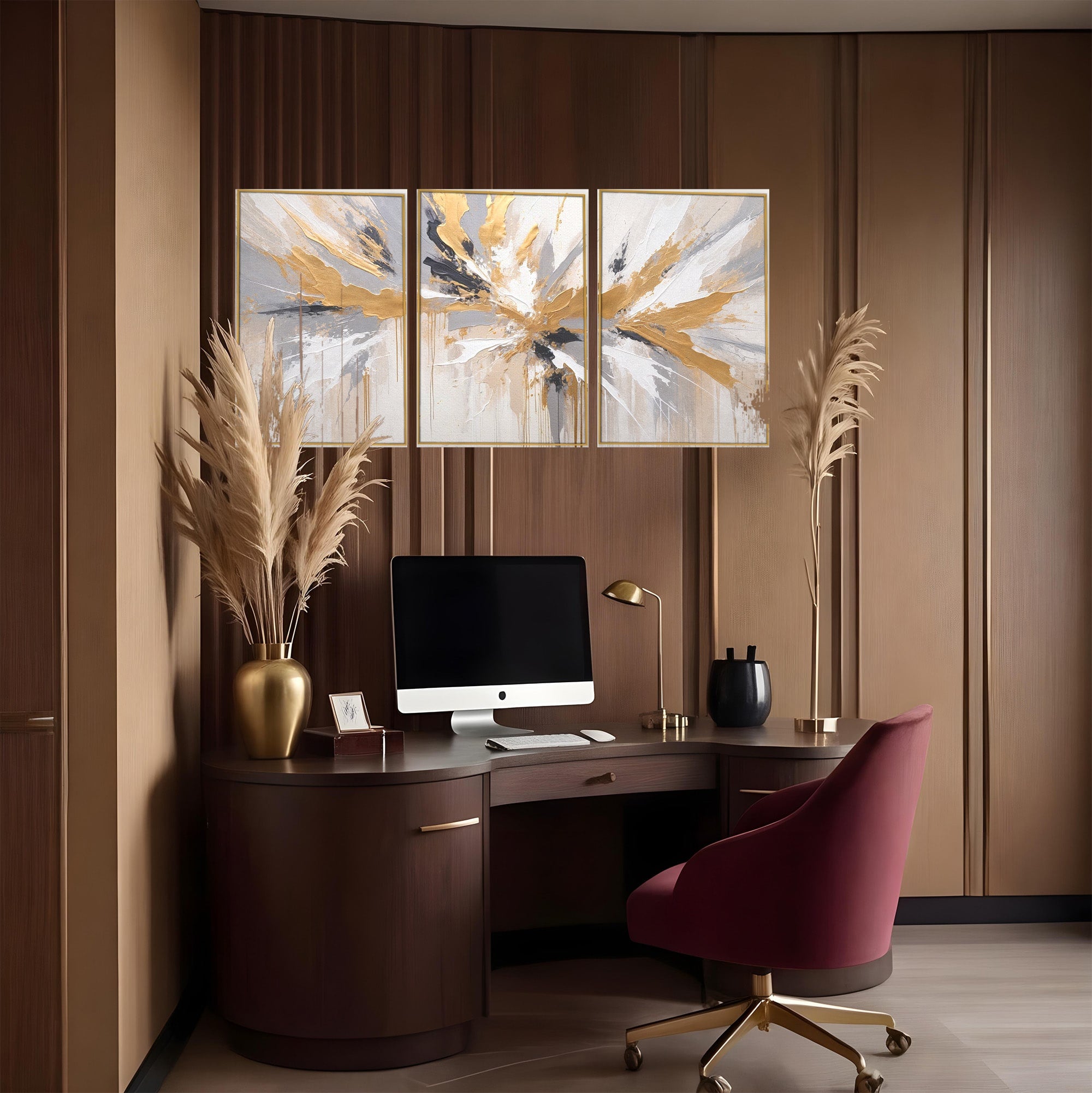 Set 3 Tablouri Canvas Premium LuxCanva® PI3-1378, Explozie Aurie Abstracta, Gri, Modern, Auriu, Culori Vibrante, Living, Dormitor, Salon