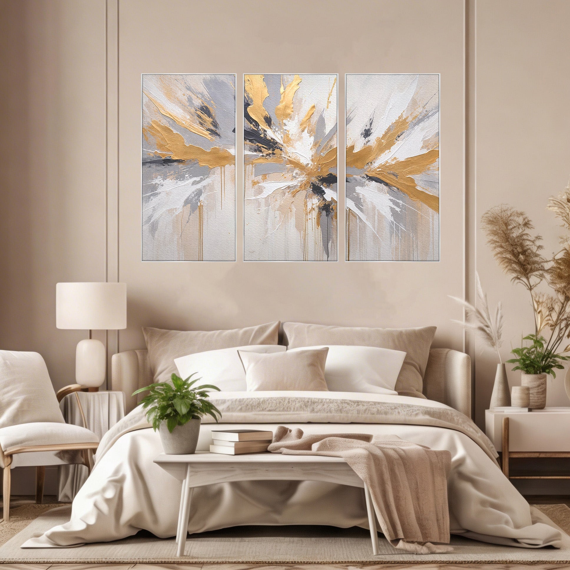 Set 3 Tablouri Canvas Premium LuxCanva® PI3-1378, Explozie Aurie Abstracta, Gri, Modern, Auriu, Culori Vibrante, Living, Dormitor, Salon