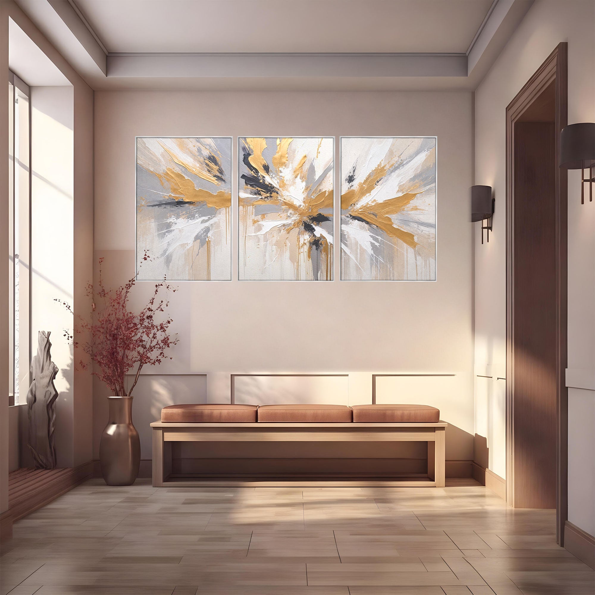 Set 3 Tablouri Canvas Premium LuxCanva® PI3-1378, Explozie Aurie Abstracta, Gri, Modern, Auriu, Culori Vibrante, Living, Dormitor, Salon