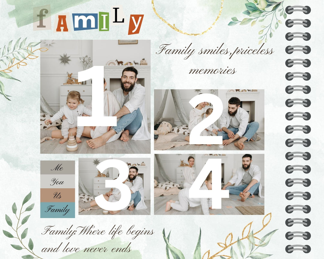 Personalisiertes Leinwandbild mit 4 Familienbildern "Ich, Du, Wir, Familie", PS111