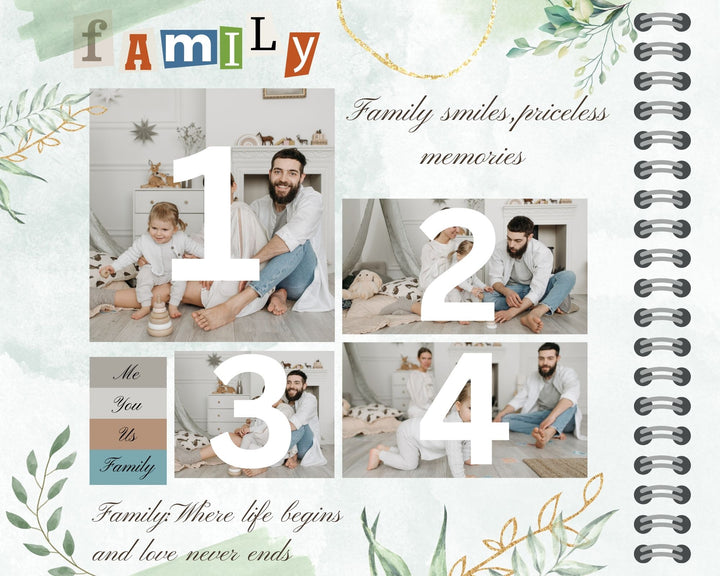 Personalisiertes Leinwandbild mit 4 Familienbildern "Ich, Du, Wir, Familie", PS111