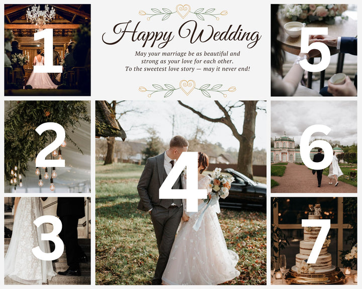 Personalisierte Leinwandtafel mit 7 Hochzeitsbildern "Happy Wedding", PS212
