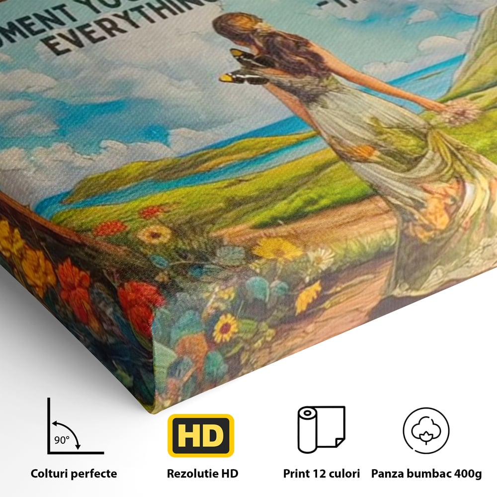 Leinwand Wandkunst Canvas Premium, LuxCanva® Q1000, Frieden und Ausrichtung, Moment, Ausrichtung, Wiedergeburt, Antwort, Universum, Harmonie, Schicksal, Tor, Globus, Erde, Blumen, Vögel, Himmel, Frau, Büro, Schlafzimmer