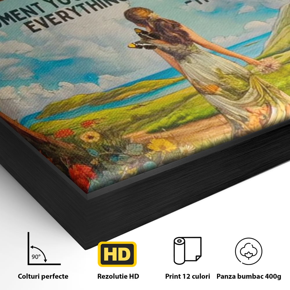 Leinwand Wandkunst Canvas Premium, LuxCanva® Q1000, Frieden und Ausrichtung, Moment, Ausrichtung, Wiedergeburt, Antwort, Universum, Harmonie, Schicksal, Tor, Globus, Erde, Blumen, Vögel, Himmel, Frau, Büro, Schlafzimmer