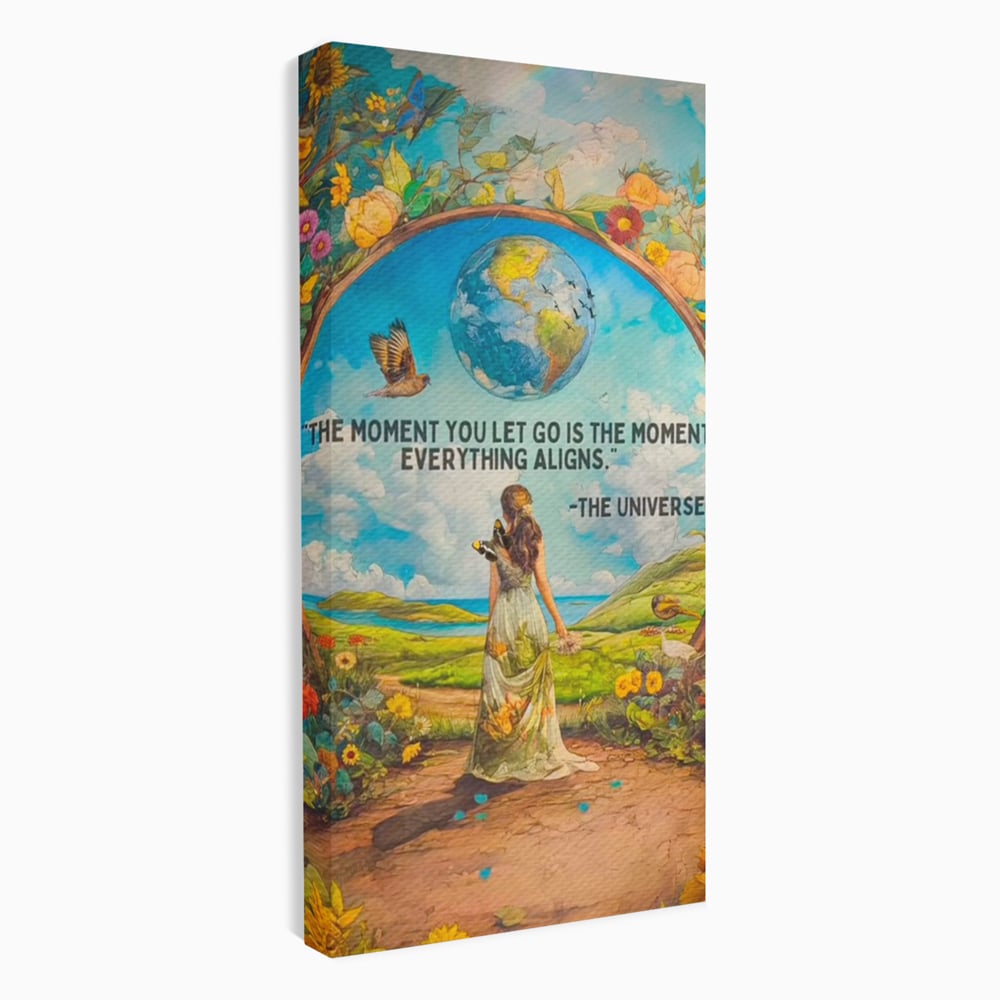 Leinwand Wandkunst Canvas Premium, LuxCanva® Q1000, Frieden und Ausrichtung, Moment, Ausrichtung, Wiedergeburt, Antwort, Universum, Harmonie, Schicksal, Tor, Globus, Erde, Blumen, Vögel, Himmel, Frau, Büro, Schlafzimmer