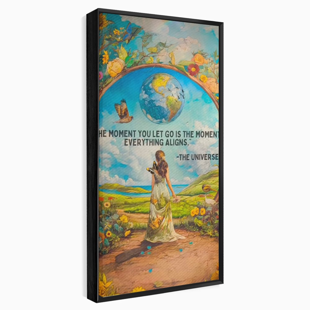 Leinwand Wandkunst Canvas Premium, LuxCanva® Q1000, Frieden und Ausrichtung, Moment, Ausrichtung, Wiedergeburt, Antwort, Universum, Harmonie, Schicksal, Tor, Globus, Erde, Blumen, Vögel, Himmel, Frau, Büro, Schlafzimmer