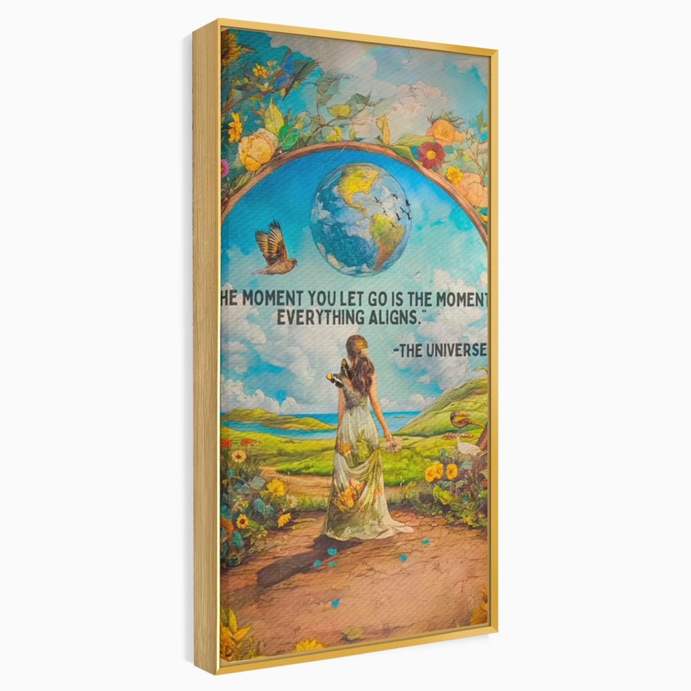 Leinwand Wandkunst Canvas Premium, LuxCanva® Q1000, Frieden und Ausrichtung, Moment, Ausrichtung, Wiedergeburt, Antwort, Universum, Harmonie, Schicksal, Tor, Globus, Erde, Blumen, Vögel, Himmel, Frau, Büro, Schlafzimmer