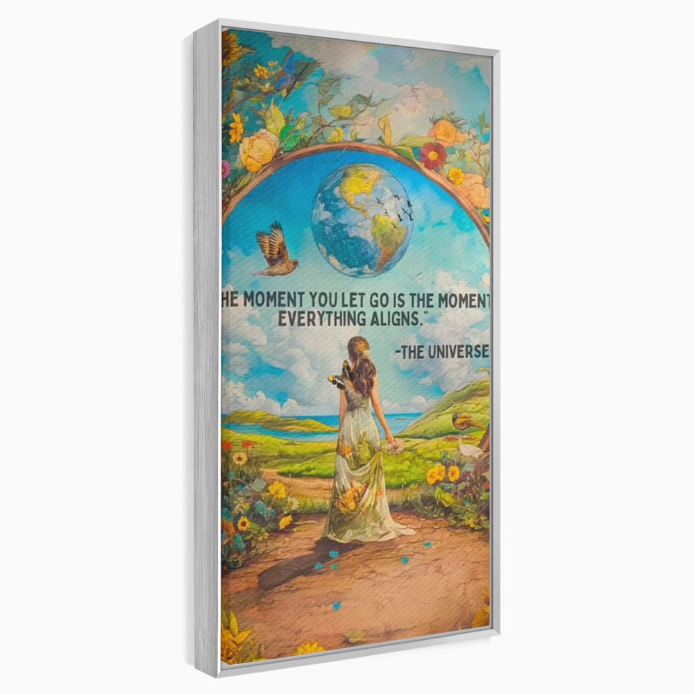 Leinwand Wandkunst Canvas Premium, LuxCanva® Q1000, Frieden und Ausrichtung, Moment, Ausrichtung, Wiedergeburt, Antwort, Universum, Harmonie, Schicksal, Tor, Globus, Erde, Blumen, Vögel, Himmel, Frau, Büro, Schlafzimmer