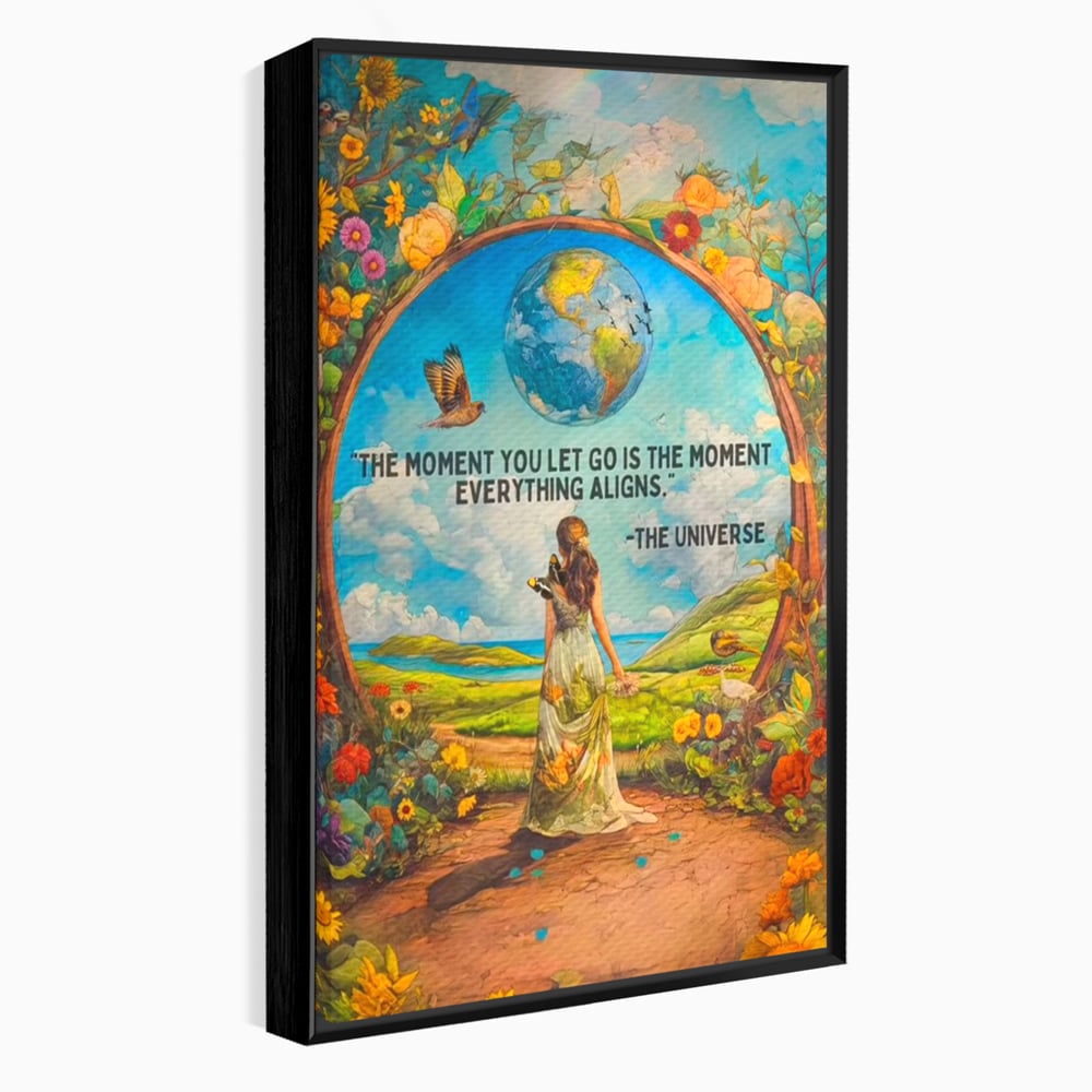 Leinwand Wandkunst Canvas Premium, LuxCanva® Q1000, Frieden und Ausrichtung, Moment, Ausrichtung, Wiedergeburt, Antwort, Universum, Harmonie, Schicksal, Tor, Globus, Erde, Blumen, Vögel, Himmel, Frau, Büro, Schlafzimmer