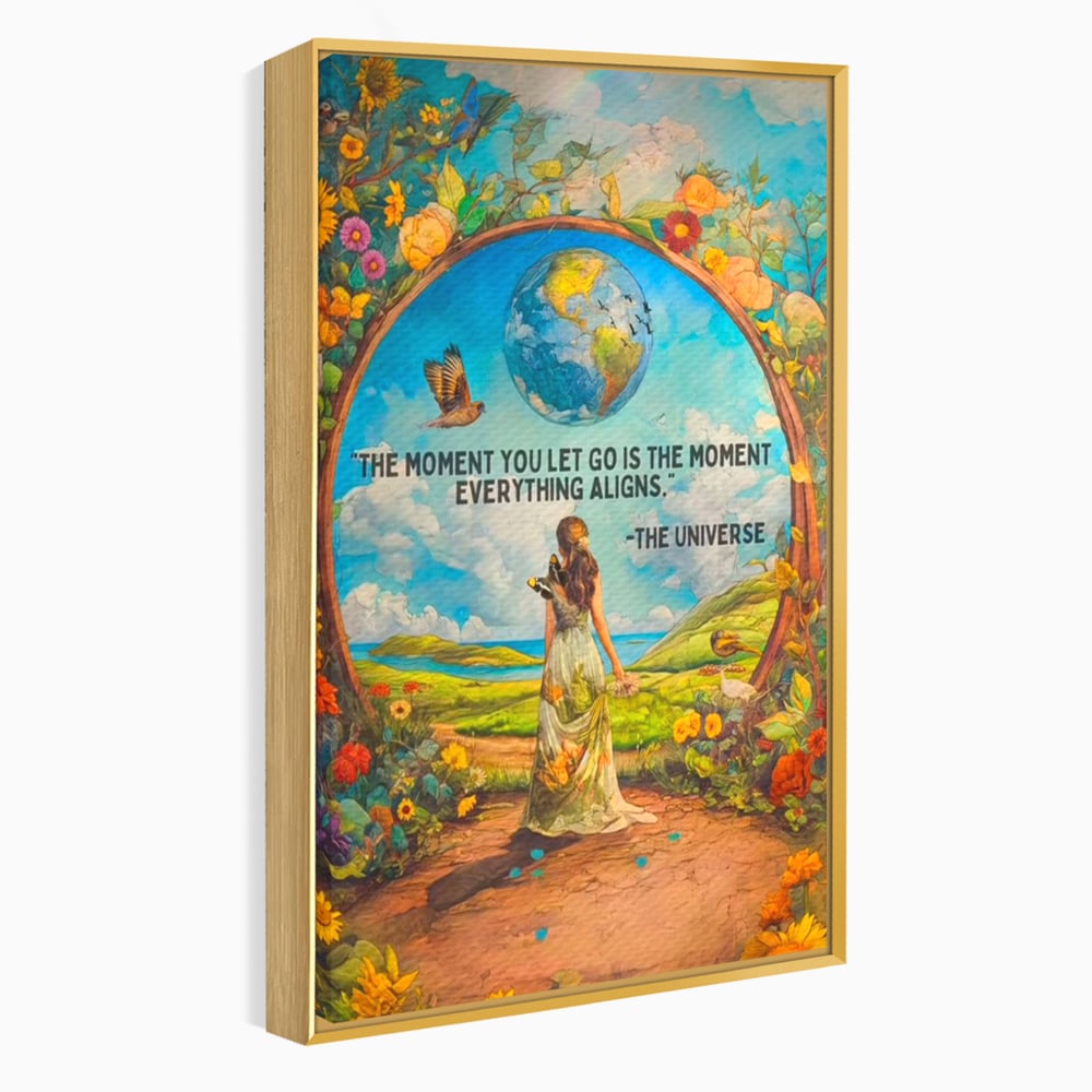 Leinwand Wandkunst Canvas Premium, LuxCanva® Q1000, Frieden und Ausrichtung, Moment, Ausrichtung, Wiedergeburt, Antwort, Universum, Harmonie, Schicksal, Tor, Globus, Erde, Blumen, Vögel, Himmel, Frau, Büro, Schlafzimmer