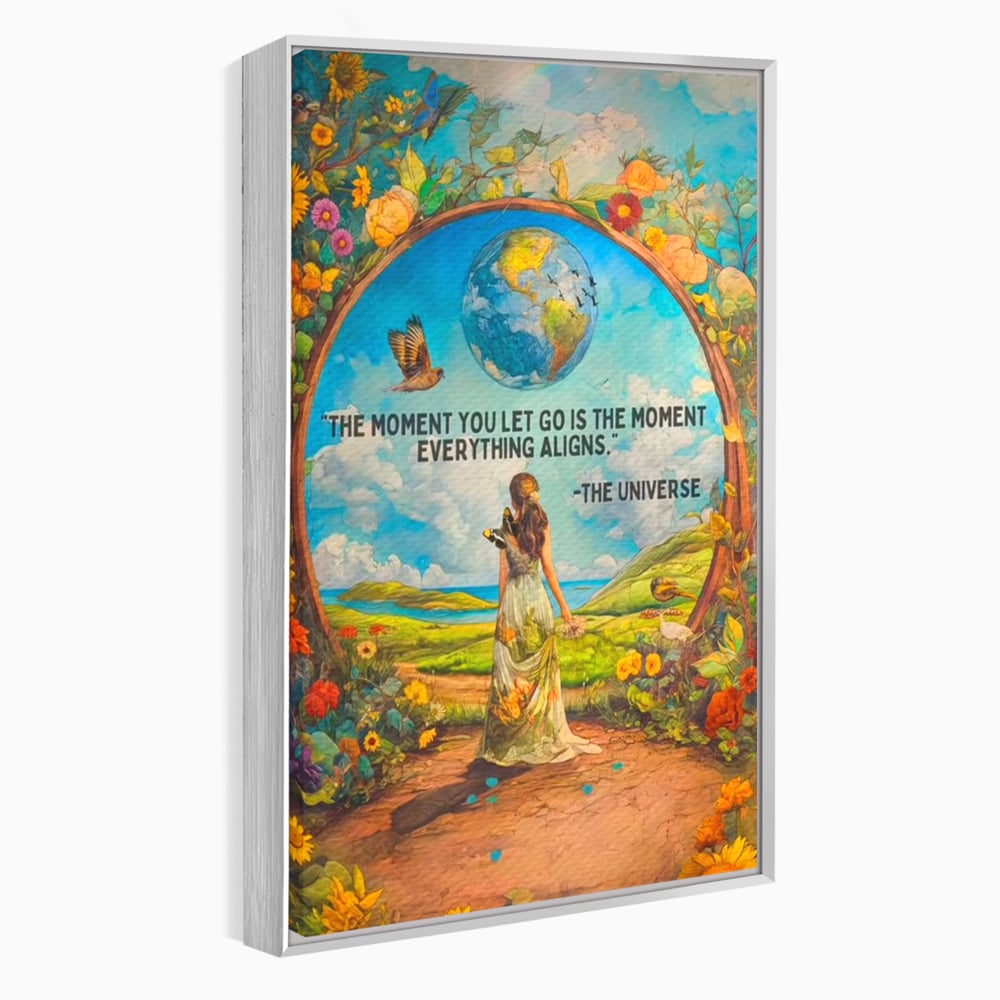 Leinwand Wandkunst Canvas Premium, LuxCanva® Q1000, Frieden und Ausrichtung, Moment, Ausrichtung, Wiedergeburt, Antwort, Universum, Harmonie, Schicksal, Tor, Globus, Erde, Blumen, Vögel, Himmel, Frau, Büro, Schlafzimmer