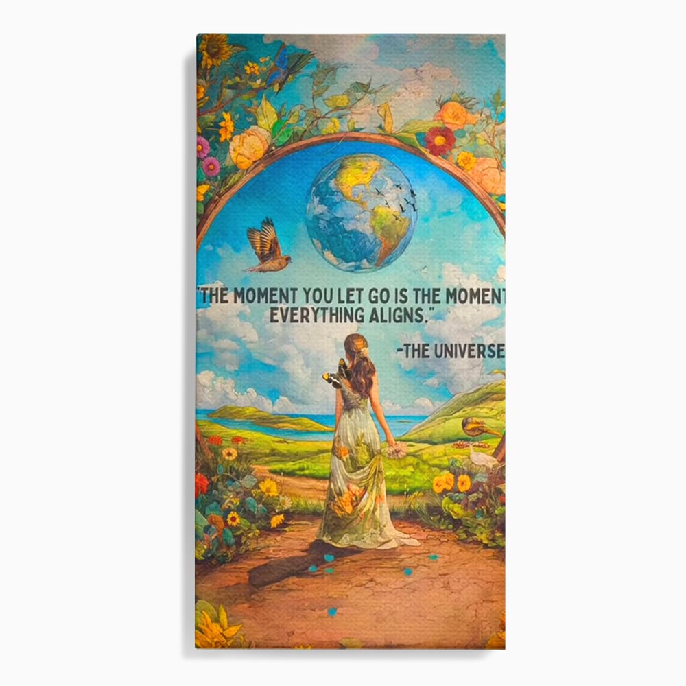 Leinwand Wandkunst Canvas Premium, LuxCanva® Q1000, Frieden und Ausrichtung, Moment, Ausrichtung, Wiedergeburt, Antwort, Universum, Harmonie, Schicksal, Tor, Globus, Erde, Blumen, Vögel, Himmel, Frau, Büro, Schlafzimmer