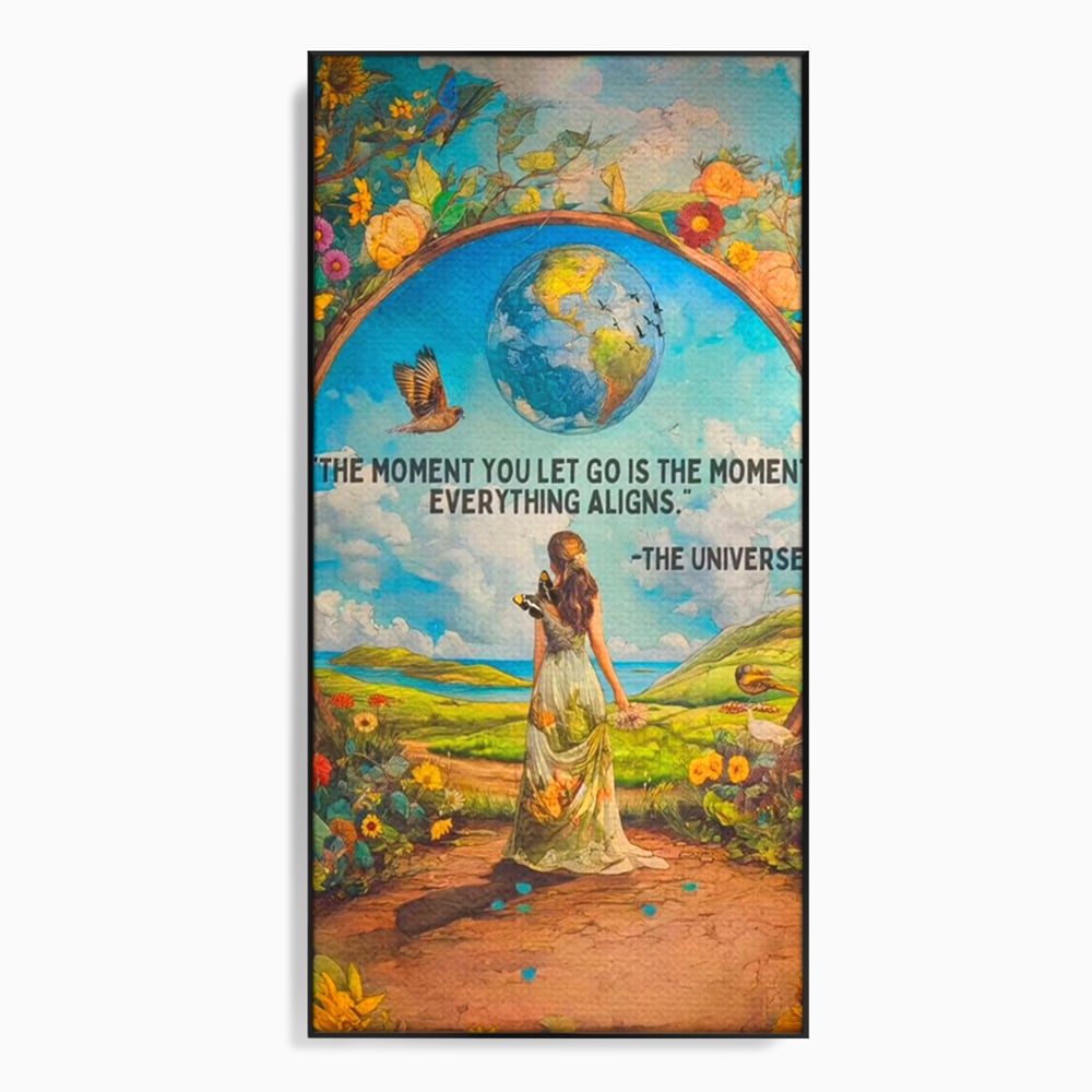 Leinwand Wandkunst Canvas Premium, LuxCanva® Q1000, Frieden und Ausrichtung, Moment, Ausrichtung, Wiedergeburt, Antwort, Universum, Harmonie, Schicksal, Tor, Globus, Erde, Blumen, Vögel, Himmel, Frau, Büro, Schlafzimmer