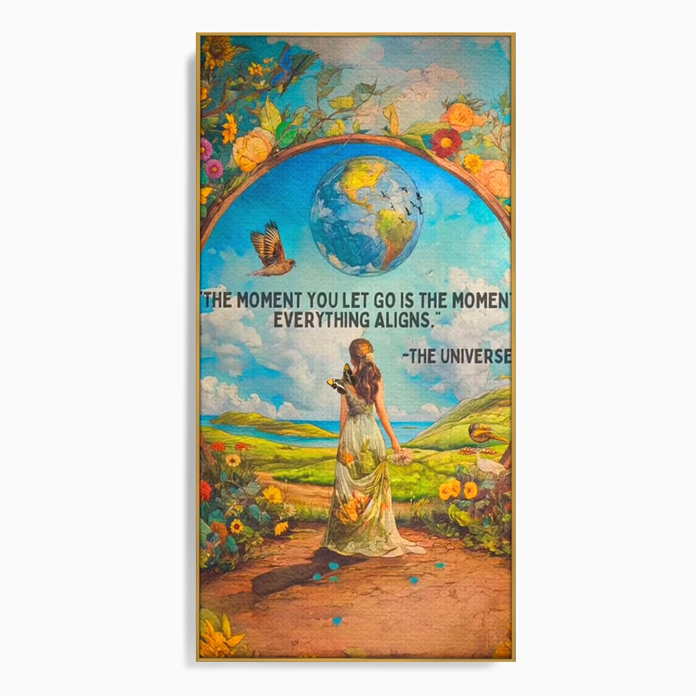 Leinwand Wandkunst Canvas Premium, LuxCanva® Q1000, Frieden und Ausrichtung, Moment, Ausrichtung, Wiedergeburt, Antwort, Universum, Harmonie, Schicksal, Tor, Globus, Erde, Blumen, Vögel, Himmel, Frau, Büro, Schlafzimmer