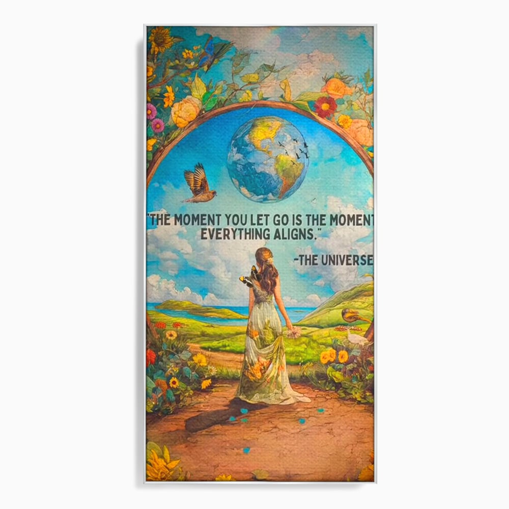 Leinwand Wandkunst Canvas Premium, LuxCanva® Q1000, Frieden und Ausrichtung, Moment, Ausrichtung, Wiedergeburt, Antwort, Universum, Harmonie, Schicksal, Tor, Globus, Erde, Blumen, Vögel, Himmel, Frau, Büro, Schlafzimmer