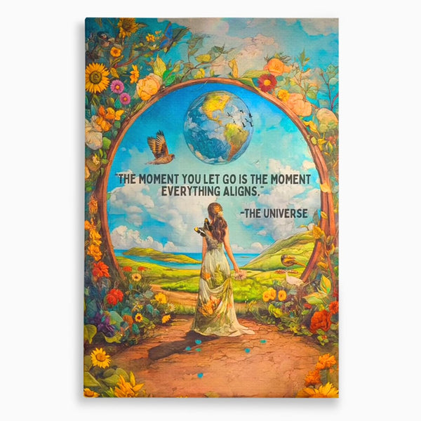 Leinwand Wandkunst Canvas Premium, LuxCanva® Q1000, Frieden und Ausrichtung, Moment, Ausrichtung, Wiedergeburt, Antwort, Universum, Harmonie, Schicksal, Tor, Globus, Erde, Blumen, Vögel, Himmel, Frau, Büro, Schlafzimmer