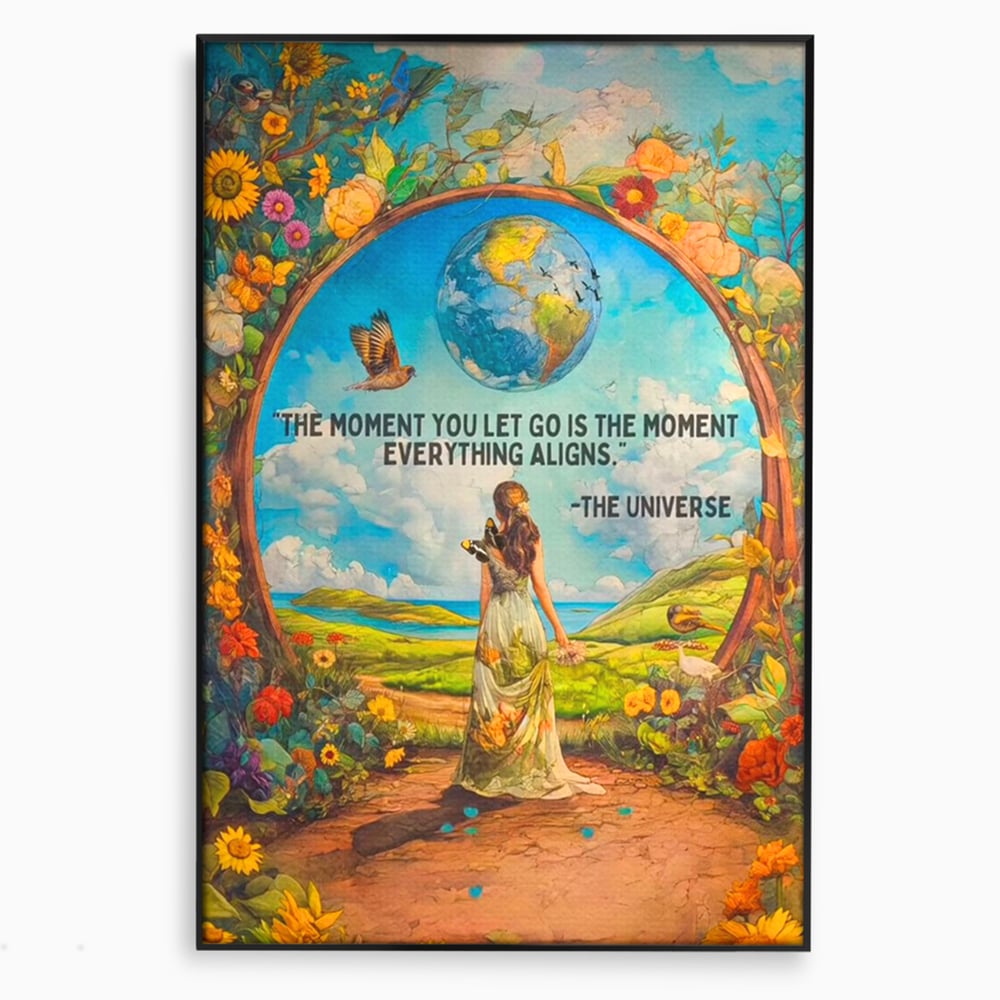 Leinwand Wandkunst Canvas Premium, LuxCanva® Q1000, Frieden und Ausrichtung, Moment, Ausrichtung, Wiedergeburt, Antwort, Universum, Harmonie, Schicksal, Tor, Globus, Erde, Blumen, Vögel, Himmel, Frau, Büro, Schlafzimmer