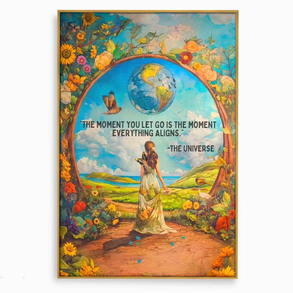 Leinwand Wandkunst Canvas Premium, LuxCanva® Q1000, Frieden und Ausrichtung, Moment, Ausrichtung, Wiedergeburt, Antwort, Universum, Harmonie, Schicksal, Tor, Globus, Erde, Blumen, Vögel, Himmel, Frau, Büro, Schlafzimmer