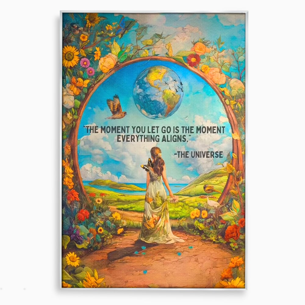Leinwand Wandkunst Canvas Premium, LuxCanva® Q1000, Frieden und Ausrichtung, Moment, Ausrichtung, Wiedergeburt, Antwort, Universum, Harmonie, Schicksal, Tor, Globus, Erde, Blumen, Vögel, Himmel, Frau, Büro, Schlafzimmer