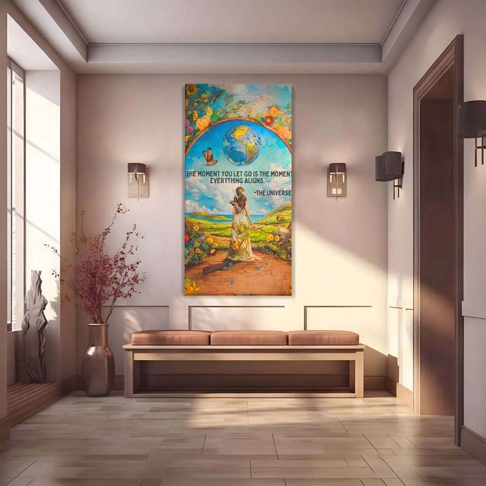 Leinwand Wandkunst Canvas Premium, LuxCanva® Q1000, Frieden und Ausrichtung, Moment, Ausrichtung, Wiedergeburt, Antwort, Universum, Harmonie, Schicksal, Tor, Globus, Erde, Blumen, Vögel, Himmel, Frau, Büro, Schlafzimmer