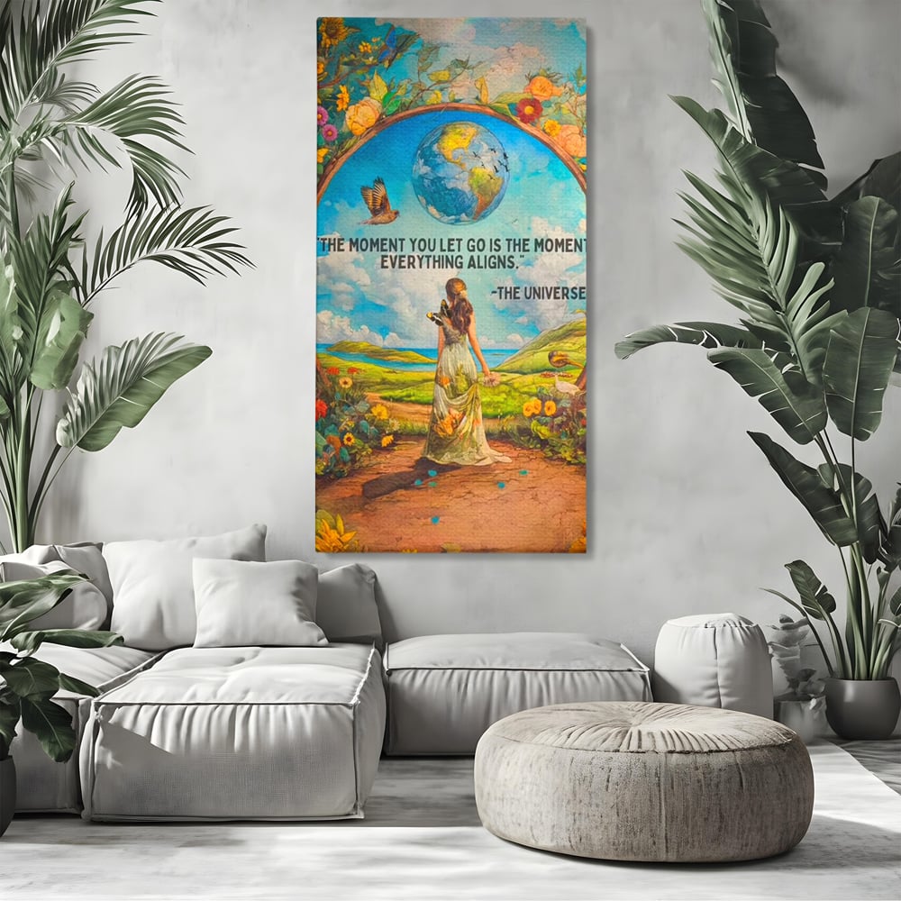Leinwand Wandkunst Canvas Premium, LuxCanva® Q1000, Frieden und Ausrichtung, Moment, Ausrichtung, Wiedergeburt, Antwort, Universum, Harmonie, Schicksal, Tor, Globus, Erde, Blumen, Vögel, Himmel, Frau, Büro, Schlafzimmer