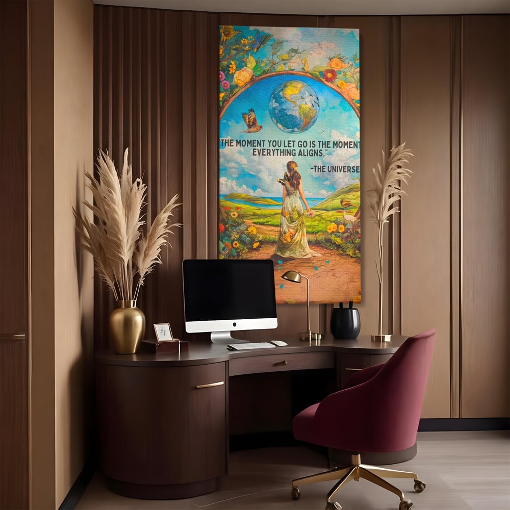 Leinwand Wandkunst Canvas Premium, LuxCanva® Q1000, Frieden und Ausrichtung, Moment, Ausrichtung, Wiedergeburt, Antwort, Universum, Harmonie, Schicksal, Tor, Globus, Erde, Blumen, Vögel, Himmel, Frau, Büro, Schlafzimmer