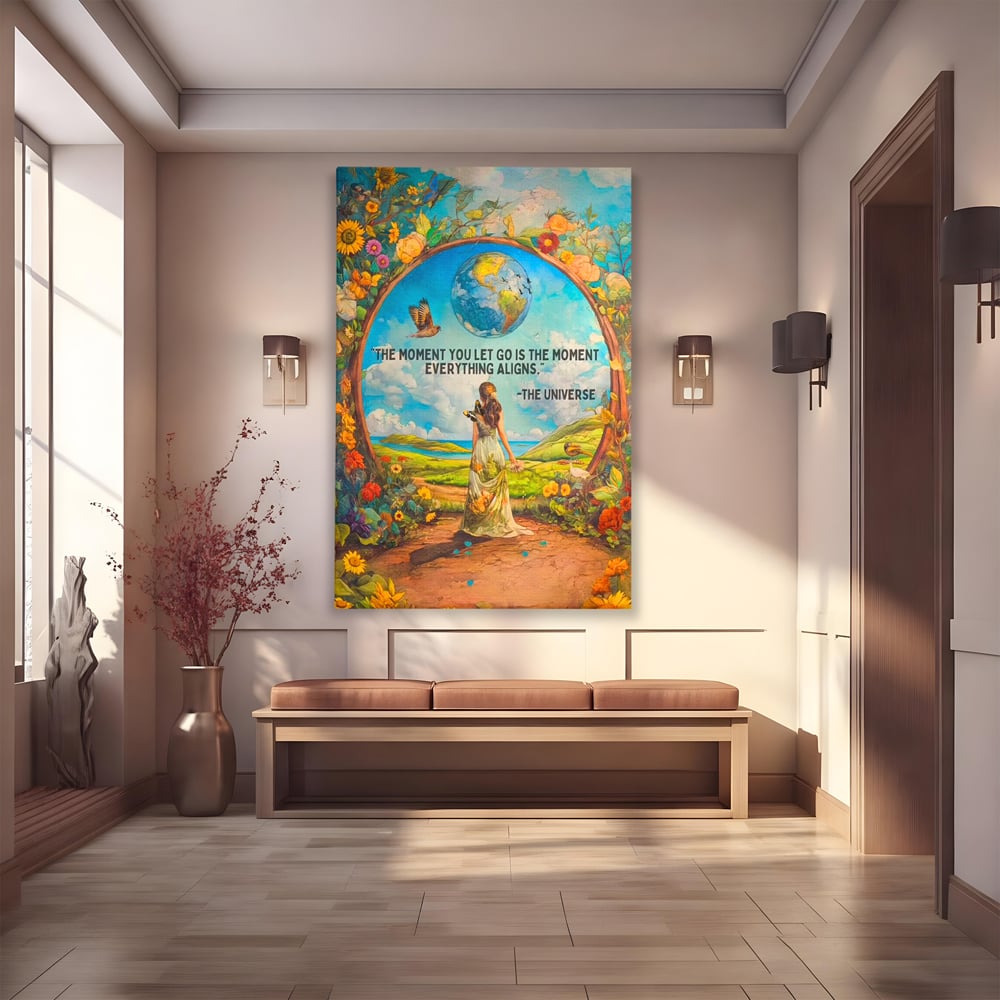 Leinwand Wandkunst Canvas Premium, LuxCanva® Q1000, Frieden und Ausrichtung, Moment, Ausrichtung, Wiedergeburt, Antwort, Universum, Harmonie, Schicksal, Tor, Globus, Erde, Blumen, Vögel, Himmel, Frau, Büro, Schlafzimmer