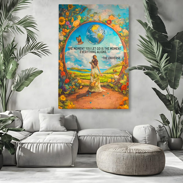 Leinwand Wandkunst Canvas Premium, LuxCanva® Q1000, Frieden und Ausrichtung, Moment, Ausrichtung, Wiedergeburt, Antwort, Universum, Harmonie, Schicksal, Tor, Globus, Erde, Blumen, Vögel, Himmel, Frau, Büro, Schlafzimmer