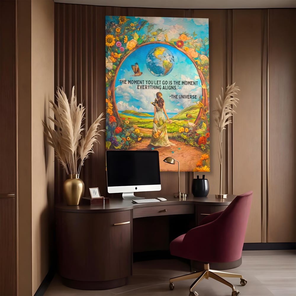 Leinwand Wandkunst Canvas Premium, LuxCanva® Q1000, Frieden und Ausrichtung, Moment, Ausrichtung, Wiedergeburt, Antwort, Universum, Harmonie, Schicksal, Tor, Globus, Erde, Blumen, Vögel, Himmel, Frau, Büro, Schlafzimmer