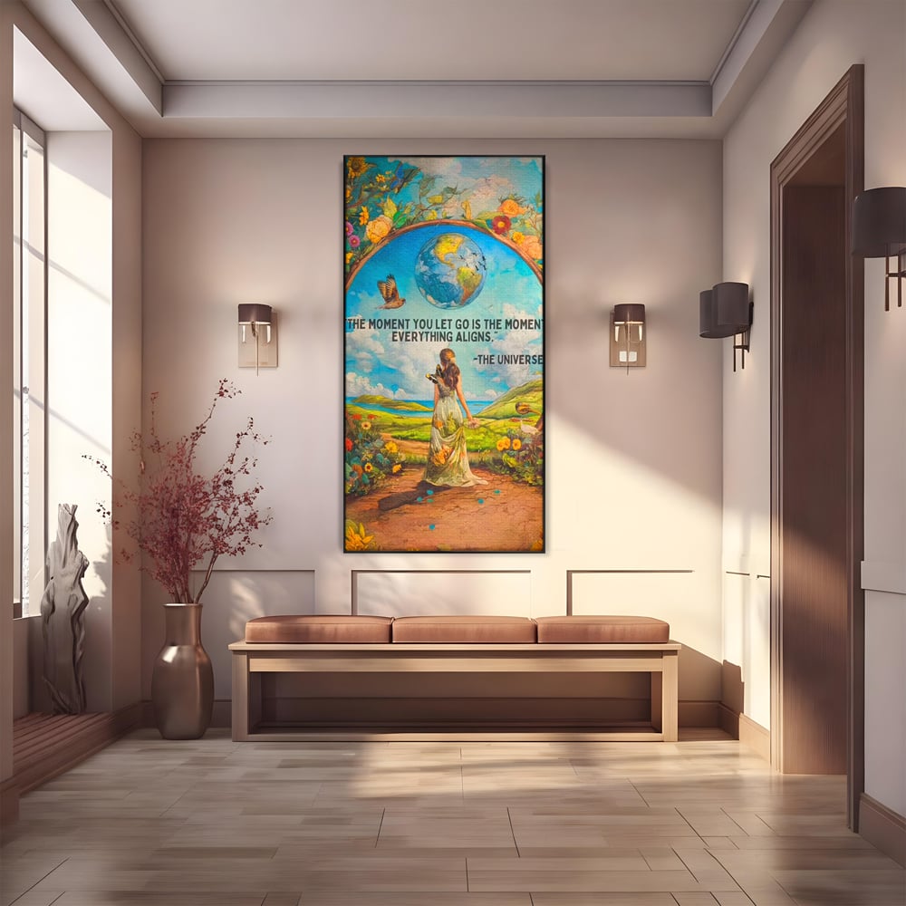 Leinwand Wandkunst Canvas Premium, LuxCanva® Q1000, Frieden und Ausrichtung, Moment, Ausrichtung, Wiedergeburt, Antwort, Universum, Harmonie, Schicksal, Tor, Globus, Erde, Blumen, Vögel, Himmel, Frau, Büro, Schlafzimmer