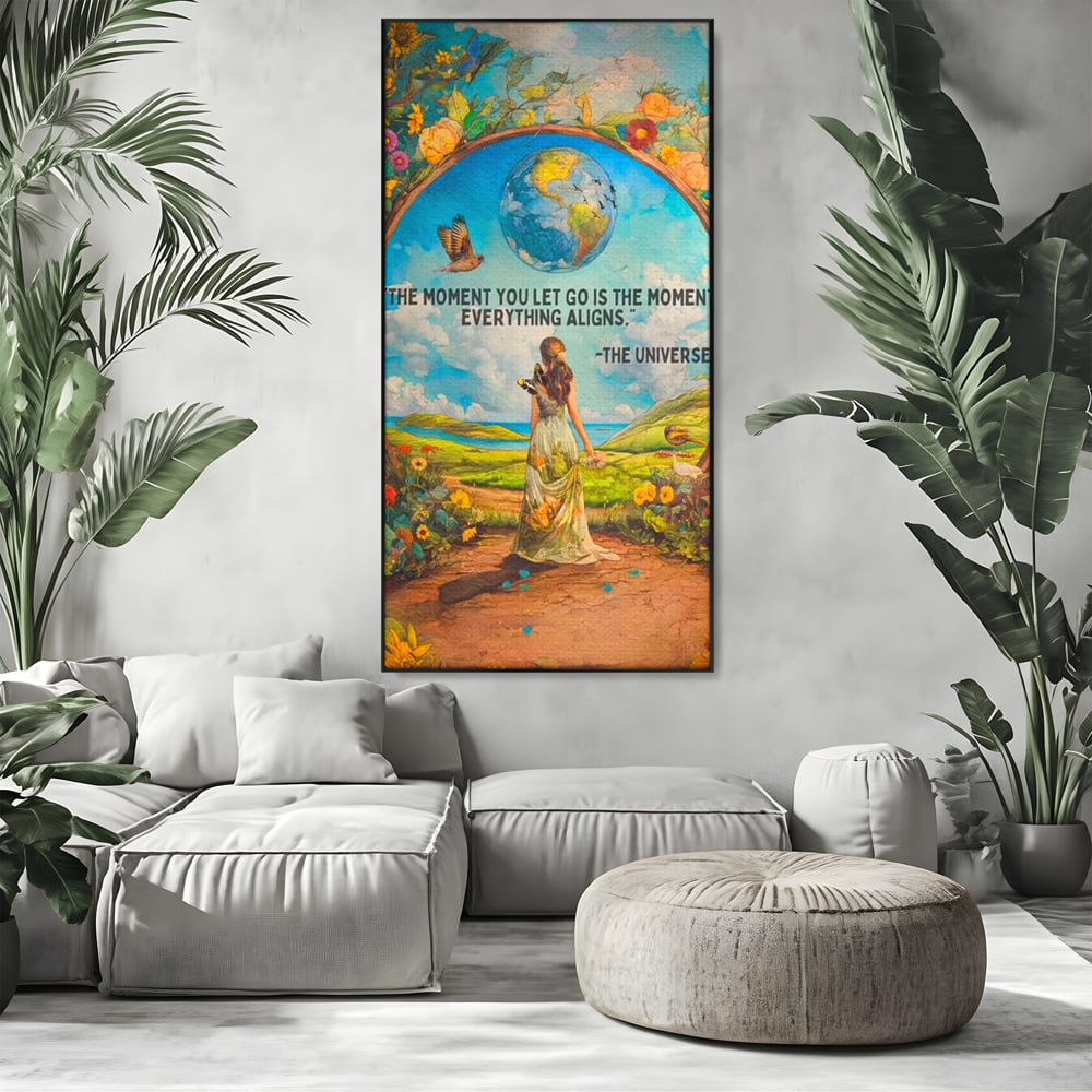 Leinwand Wandkunst Canvas Premium, LuxCanva® Q1000, Frieden und Ausrichtung, Moment, Ausrichtung, Wiedergeburt, Antwort, Universum, Harmonie, Schicksal, Tor, Globus, Erde, Blumen, Vögel, Himmel, Frau, Büro, Schlafzimmer