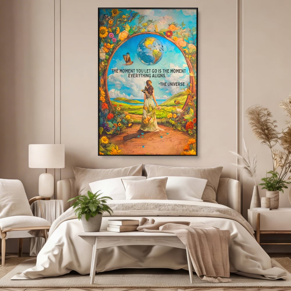Leinwand Wandkunst Canvas Premium, LuxCanva® Q1000, Frieden und Ausrichtung, Moment, Ausrichtung, Wiedergeburt, Antwort, Universum, Harmonie, Schicksal, Tor, Globus, Erde, Blumen, Vögel, Himmel, Frau, Büro, Schlafzimmer
